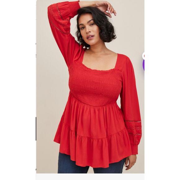 Torrid Red Babydoll Rayon Slub With Lace Inset Smocked Tiered Top Women 4X - Picture 3 of 9